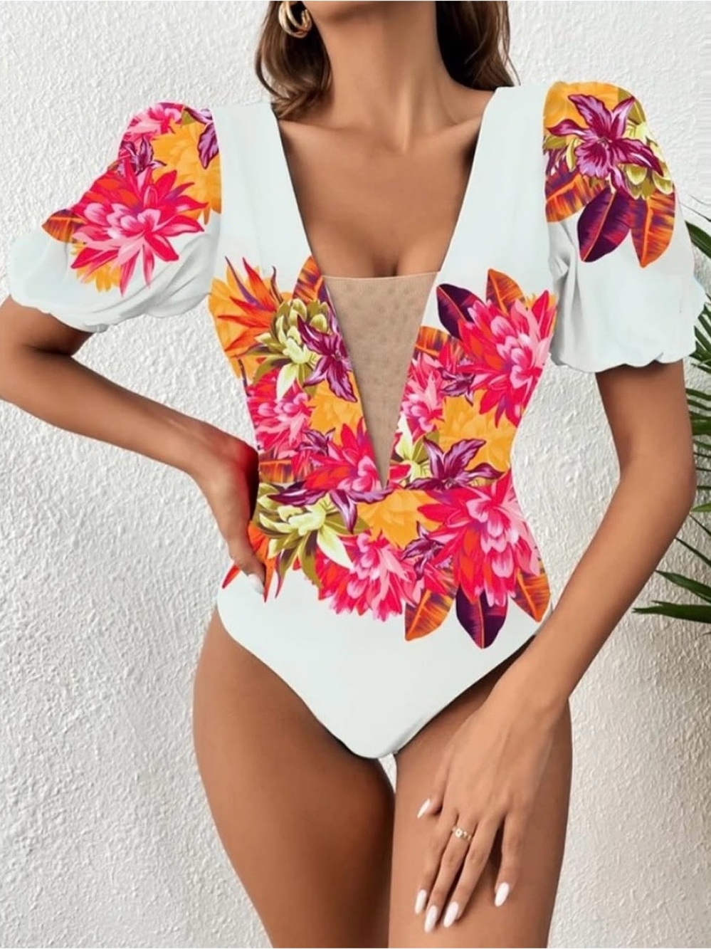 White Floral Puff-Sleeve Kids One-Piece Bodysuit with Pink & Orange Print